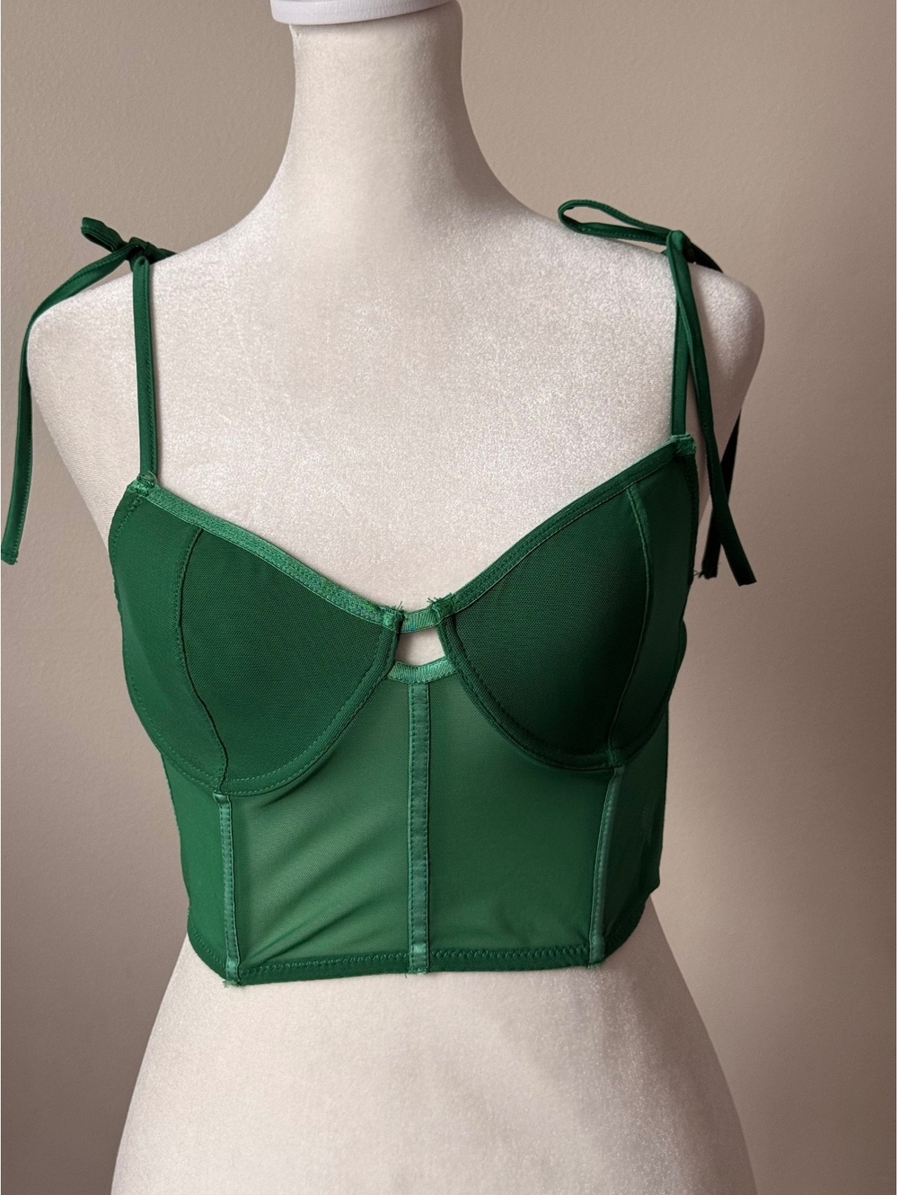 Forever 21 Green Sheer Mesh Bustier y2k Crop Top with Tie Straps
